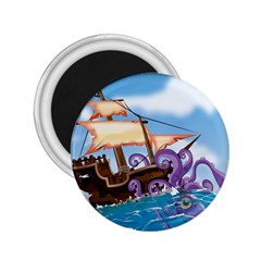 Pirate Ship Attacked By Giant Squid Cartoon 2 25  Button Magnet by NickGreenaway