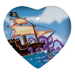 Pirate Ship Attacked By Giant Squid Cartoon Heart Ornament by NickGreenaway