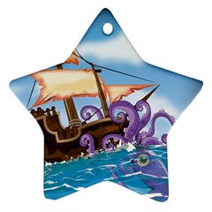 Pirate Ship Attacked By Giant Squid Cartoon Star Ornament by NickGreenaway