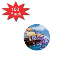 Pirate Ship Attacked By Giant Squid Cartoon 1  Mini Button (100 Pack)