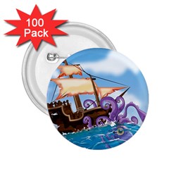 Pirate Ship Attacked By Giant Squid Cartoon 2 25  Button (100 Pack)