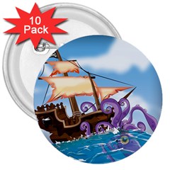 Pirate Ship Attacked By Giant Squid Cartoon 3  Button (10 Pack)