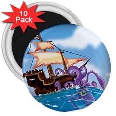 Pirate Ship Attacked By Giant Squid Cartoon 3  Button Magnet (10 Pack) by NickGreenaway