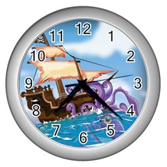 Pirate Ship Attacked By Giant Squid Cartoon Wall Clock (silver)