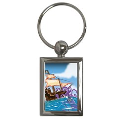 Pirate Ship Attacked By Giant Squid Cartoon Key Chain (rectangle) by NickGreenaway