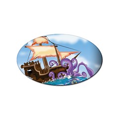 Pirate Ship Attacked By Giant Squid Cartoon Sticker (oval) by NickGreenaway