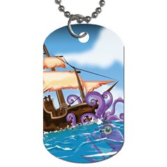 Pirate Ship Attacked By Giant Squid Cartoon Dog Tag (two-sided) 