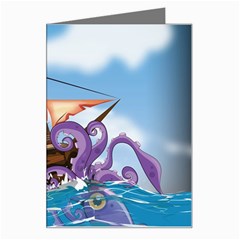 Pirate Ship Attacked By Giant Squid Cartoon Greeting Card by NickGreenaway