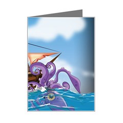 Pirate Ship Attacked By Giant Squid Cartoon Mini Greeting Card