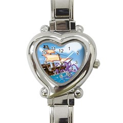 Pirate Ship Attacked By Giant Squid Cartoon Heart Italian Charm Watch 