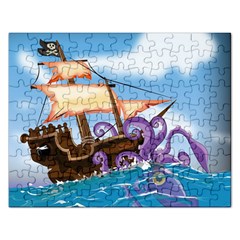 Pirate Ship Attacked By Giant Squid Cartoon Jigsaw Puzzle (rectangle) by NickGreenaway