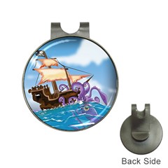 Pirate Ship Attacked By Giant Squid Cartoon Hat Clip With Golf Ball Marker by NickGreenaway