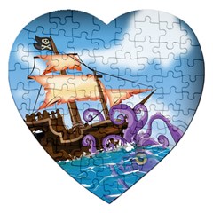 Pirate Ship Attacked By Giant Squid Cartoon Jigsaw Puzzle (heart) by NickGreenaway