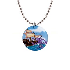 Pirate Ship Attacked By Giant Squid Cartoon Button Necklace by NickGreenaway