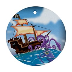 Pirate Ship Attacked By Giant Squid Cartoon Round Ornament (two Sides)