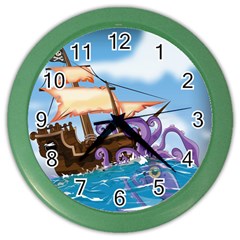 Pirate Ship Attacked By Giant Squid Cartoon Wall Clock (color)