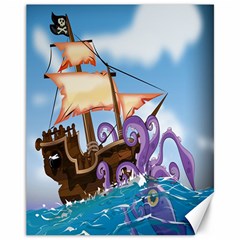 Pirate Ship Attacked By Giant Squid Cartoon Canvas 11  X 14  (unframed)