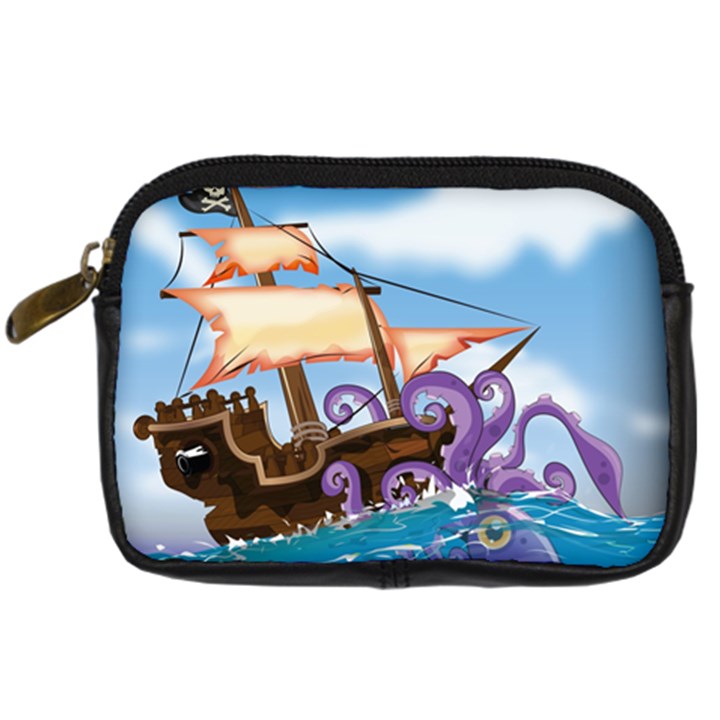 Pirate Ship Attacked By Giant Squid cartoon Digital Camera Leather Case