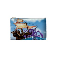 Pirate Ship Attacked By Giant Squid Cartoon Cosmetic Bag (small) by NickGreenaway