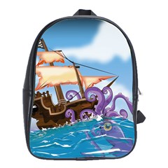 Pirate Ship Attacked By Giant Squid Cartoon School Bag (large)