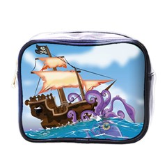 Pirate Ship Attacked By Giant Squid Cartoon Mini Travel Toiletry Bag (one Side)