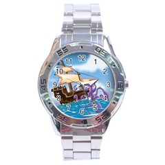 Pirate Ship Attacked By Giant Squid Cartoon Stainless Steel Watch