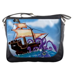 Pirate Ship Attacked By Giant Squid Cartoon Messenger Bag by NickGreenaway