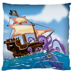 Pirate Ship Attacked By Giant Squid Cartoon Large Cushion Case (two Sided)  by NickGreenaway