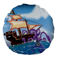 Pirate Ship Attacked By Giant Squid Cartoon 18  Premium Round Cushion  by NickGreenaway