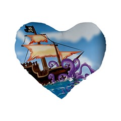 Pirate Ship Attacked By Giant Squid Cartoon 16  Premium Heart Shape Cushion  by NickGreenaway