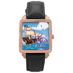 Pirate Ship Attacked By Giant Squid Cartoon Rose Gold Leather Watch  by NickGreenaway