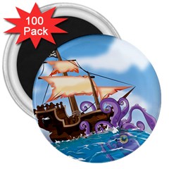 Piratepirate Ship Attacked By Giant Squid  3  Button Magnet (100 Pack) by NickGreenaway