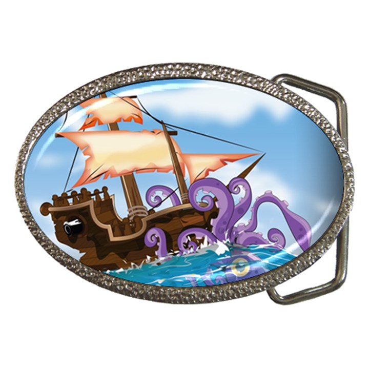 PiratePirate Ship Attacked By Giant Squid  Belt Buckle (Oval)