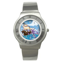 Piratepirate Ship Attacked By Giant Squid  Stainless Steel Watch (slim)