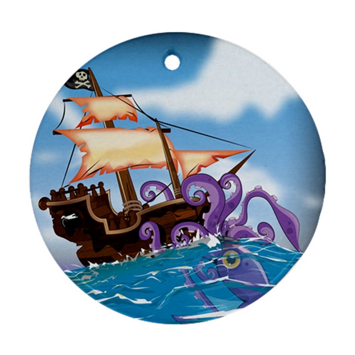 PiratePirate Ship Attacked By Giant Squid  Round Ornament (Two Sides)