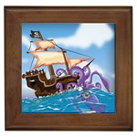 Pirate Ship Attacked By Giant Squid cartoon. Framed Ceramic Tile Front