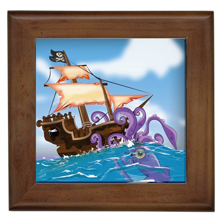 Pirate Ship Attacked By Giant Squid cartoon. Framed Ceramic Tile