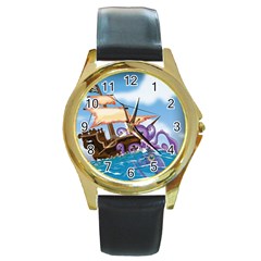 Pirate Ship Attacked By Giant Squid Cartoon  Round Leather Watch (gold Rim) 