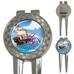 Pirate Ship Attacked By Giant Squid Cartoon  Golf Pitchfork & Ball Marker