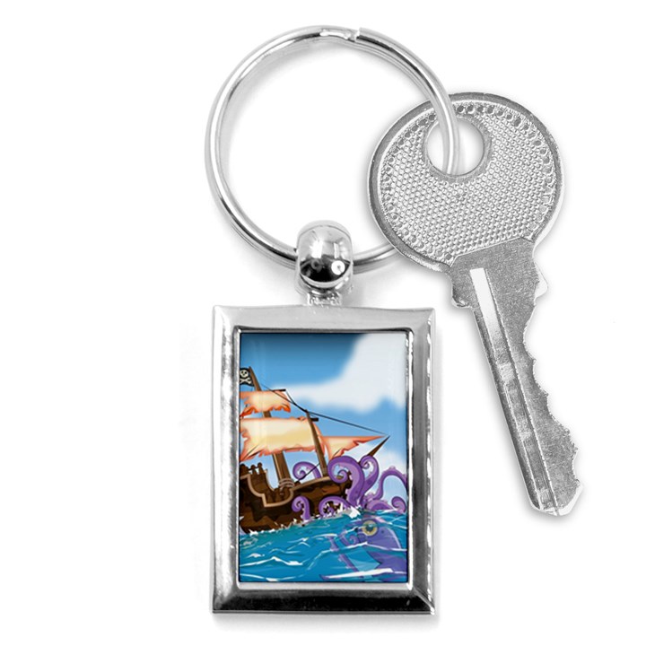 Pirate Ship Attacked By Giant Squid cartoon. Key Chain (Rectangle)