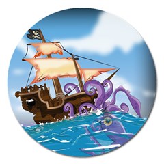 Pirate Ship Attacked By Giant Squid Cartoon  Magnet 5  (round)