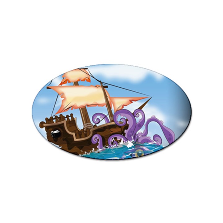 Pirate Ship Attacked By Giant Squid cartoon. Sticker 100 Pack (Oval)