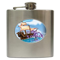 Pirate Ship Attacked By Giant Squid Cartoon  Hip Flask