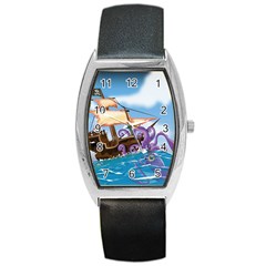 Pirate Ship Attacked By Giant Squid Cartoon  Tonneau Leather Watch