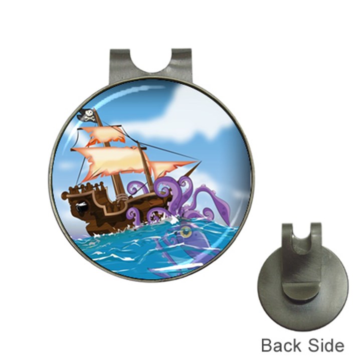 Pirate Ship Attacked By Giant Squid cartoon. Hat Clip with Golf Ball Marker