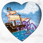 Pirate Ship Attacked By Giant Squid cartoon. Jigsaw Puzzle (Heart) Front