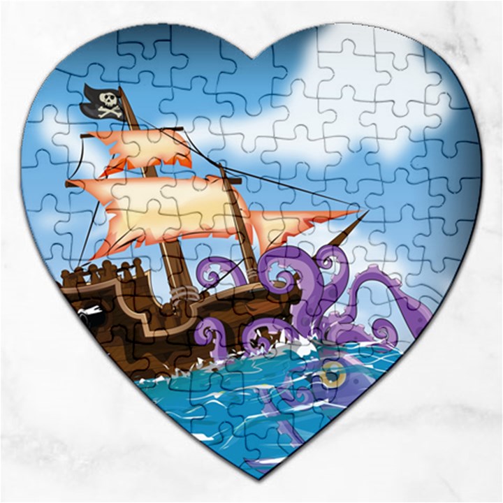 Pirate Ship Attacked By Giant Squid cartoon. Jigsaw Puzzle (Heart)