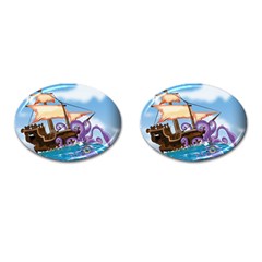 Pirate Ship Attacked By Giant Squid Cartoon  Cufflinks (oval)