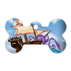 Pirate Ship Attacked By Giant Squid Cartoon  Dog Tag Bone (one Sided)