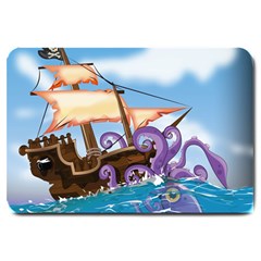 Pirate Ship Attacked By Giant Squid Cartoon  Large Door Mat by NickGreenaway